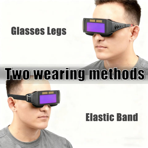 Auto Darkening Welding Glasses Solar Powered Adjustable Shade Two Sensors with two wearing methods shown, glasses legs and elastic band.