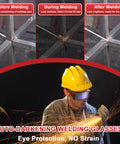 3 In 1 Welding Powerhouse For Home Pros And DIYers, showcasing auto darkening glasses, welding stages, sparks flying.