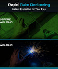 Portable 110V 120A welder for home DIY and auto repair, showing rapid auto darkening goggles in before and during welding stages.