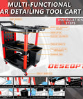 Auto Detailing Cart On Wheels Three Tier Rolling Detail Organizer with Long Hanging Plate and Hooks, shown with features labeled.