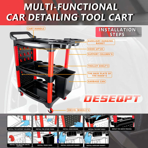Auto Detailing Cart On Wheels Three Tier Rolling Detail Organizer with Long Hanging Plate and Hooks, shown with features labeled.