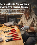 Person using 5 Piece Auto Electrical Pliers Kit For Auto Repair Includes 60 Degree Angled Connector Separator Pliers Hose Clamp Pliers Trim Clip Removal Tools Plug Release And Wire Terminal Remover Pro Grade Heavy Duty High Carbon Steel Construction at a workshop.
