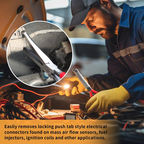 4 Piece Automotive Electrical Disconnect Pliers Set Designed For Car Connectors And Hose Clamps Made From Durable High Carbon Steel With Anti Slip Plastic Coated Handles Provides Safe Quick Disconnect Without Wear used by mechanic in car