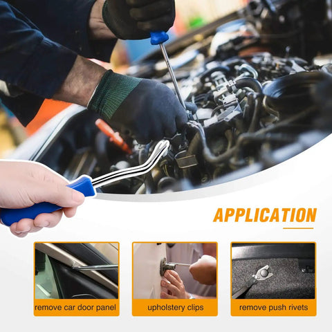 Person using removal tool from Universal Push Type Bumper Fasteners And Rivet Clips Kit With 150 Pieces By GOOACC for car maintenance