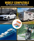 Image of a car, RV, boat, motorcycle, and 100 Piece Standard Auto Blade Fuse Kit With 3A 5A Seven Point Five Amp 10A 15A 20A 25A 30A 35A Color Coded Fuses Easy To Identify Car Truck RV Marine Boat Motorcycle Fuse Assortment For All Automotive Projects.