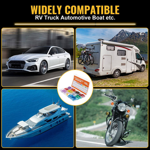 Image of a car, RV, boat, motorcycle, and 100 Piece Standard Auto Blade Fuse Kit With 3A 5A Seven Point Five Amp 10A 15A 20A 25A 30A 35A Color Coded Fuses Easy To Identify Car Truck RV Marine Boat Motorcycle Fuse Assortment For All Automotive Projects.