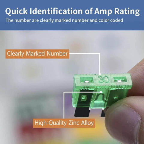 Close-up of green blade fuse from 80 Piece Car Fuse Kit With Common 1A 3A 5A 10A 15A 20A 30A 40A Blade Fuses, zinc alloy, number 30 marked