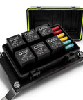 12V Auto Waterproof Fuse And Relay Box Kit With 6 Bosch Style 5 Pin Relays, 6 ATC ATO Fusible Holders, open view showing relays and fuses.