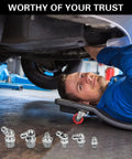 60 Piece Grease Fittings Kit With One Quarter Inch And One Eighth Inch BSP Threads Featuring Ninety Degree Forty Five Degree And Straight Angles For Automotive Tractors And Industrial Machinery Maintenance Heavy Duty Lubrication Kit displayed in a workshop with mechanic under a car.
