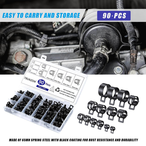 90Pcs 6-25mm Spring Hose Clamps Kit For Auto Gearheads with constant tension steel in handy case for fuel lines and hoses