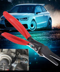 Automotive Hose Removal Pliers for Fuel and Vacuum Lines, shown with red grips, car backdrop, close-up of use on engine tubes.
