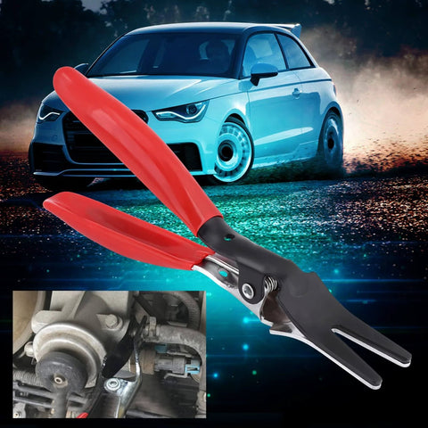 Automotive Hose Removal Pliers for Fuel and Vacuum Lines, shown with red grips, car backdrop, close-up of use on engine tubes.