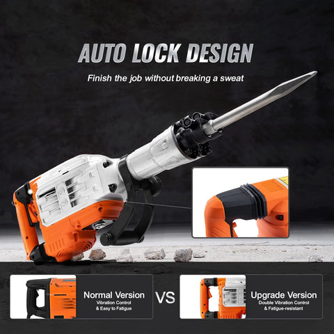 Powerful 3500W demolition jack hammer delivers fast concrete breaking for professional demolition, trenching, and hole making; includes two chisels, gloves, and a 360-degree swiveling front handle for steady, comfortable operation. Featured auto lock design for reduced fatigue.