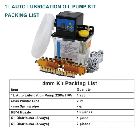 1L Auto Lubrication Pump Kit with accessories for CNC Machines, includes oil pump, pipes, nozzles and distributor, AC220V ACE319