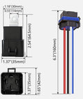 Dimensions and components of All-Weather 12V 40A Relay Kit With 4 Pin SPST, Heavy Duty Harness And Tinned Copper Wiring For Auto Marine Boat