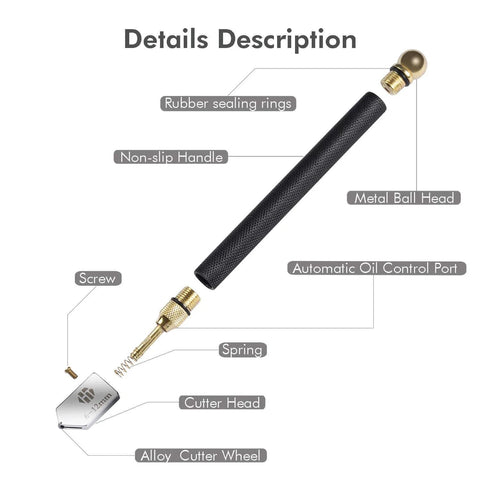 Detailed view of Pro Grade Glass Cutter With Automatic Oil Feed, showing parts such as the non-slip handle, metal ball head, and cutter head.