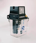 Auto Oil Lubrication Gear Pump With 1.8 Liter Capacity, 100 Volt Power, AMZ III 285155, clear reservoir, side view