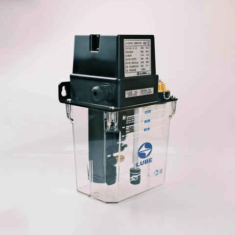 Auto Oil Lubrication Gear Pump With 1.8 Liter Capacity, 100 Volt Power, AMZ III 285155, clear reservoir, side view