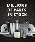 Automotive parts and filters displayed with text 'Millions of Parts in Stock' against a black textured background.