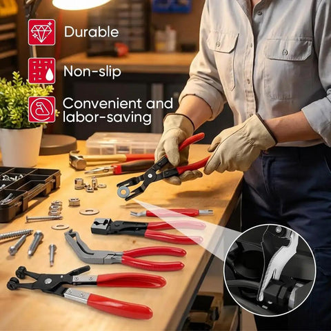 Person using 5 Piece Auto Electrical Pliers Kit in garage, featuring 60 Degree Angled Connector Separator and Hose Clamp Pliers.