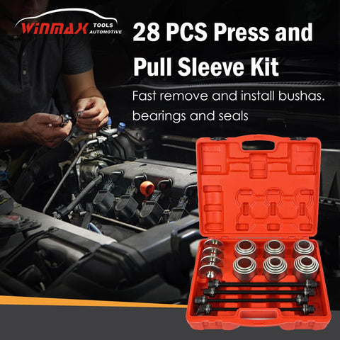 28 Piece Press And Pull Sleeve Kit For Removing Bearings Bushings Seals For Cars And Light Trucks Universal Auto Tool Set With 34 To 68 Millimeter Inner Diameters shown in toolbox next to engine.