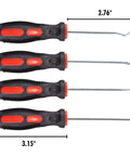 Precision 4 Piece Pick and Hook Set for Auto Repair, Workhorse, Includes Scratch Awl, 90 Degree Hook, Complex Hook; rubber grips