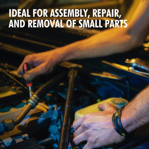 Person using Precision 4 Piece Pick and Hook Set for Auto Repair, Workhorse, on engine for small parts assembly and repair.