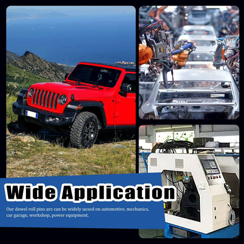Collage showing automotive and machinery applications for Huge 230 Piece Roll Pin Set In 11 Sizes For DIY Home Improvement And Auto Repair