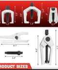 5 In 1 Front End Service Tool Kit With Ball Joint Separator Pitman Arm Puller Tie Rod End Remover And More Heavy Duty Auto Repair Set With Storage Case For Easy Front Suspension Work, showing product sizes and dimensions.
