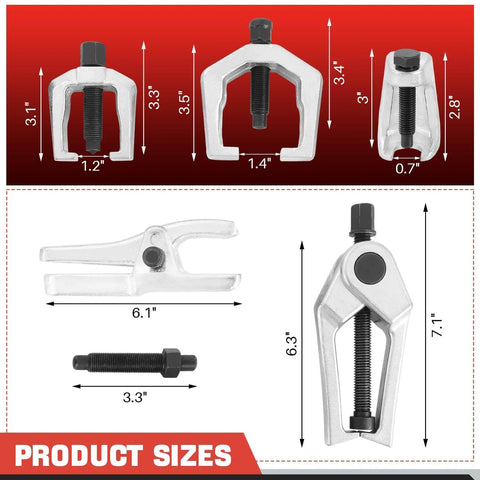 5 In 1 Front End Service Tool Kit With Ball Joint Separator Pitman Arm Puller Tie Rod End Remover And More Heavy Duty Auto Repair Set With Storage Case For Easy Front Suspension Work, showing product sizes and dimensions.