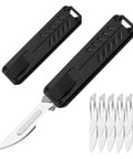 Auto retractable utility knife with push button deployment offers safe, precise cutting for opening boxes, 10 blades included