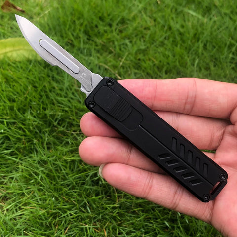 Auto retractable utility knife with push button deployment offers safe, precise cutting for opening boxes, trimming packaging.