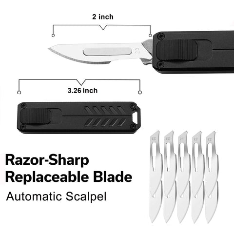 Auto retractable utility knife with push button deployment offers safe, precise cutting for opening boxes, with 10 blades included