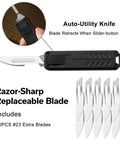 Auto retractable utility knife with push button deployment offers safe, precise cutting for opening boxes, includes 10 blades.