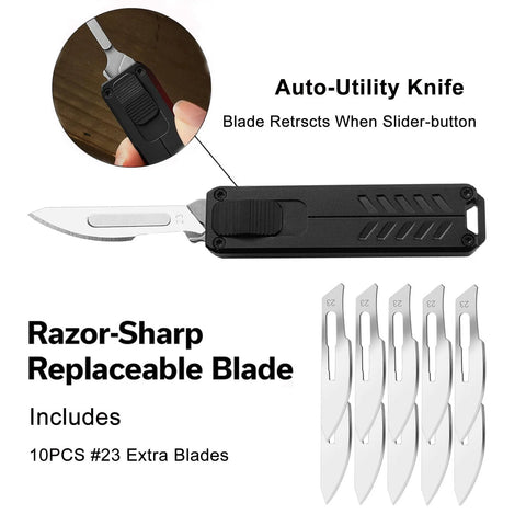 Auto retractable utility knife with push button deployment offers safe, precise cutting for opening boxes, includes 10 blades.