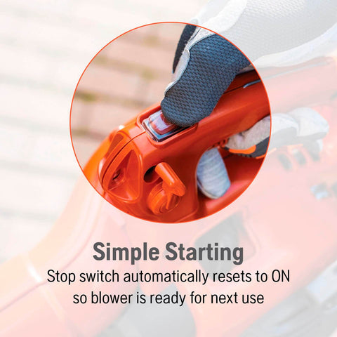 Close-up of Powerful 28cc Gas Leaf Blower With 1.1 HP Two Cycle Engine auto return stop switch in use