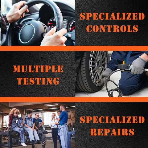 Collage of automotive services: steering wheel, tire inflation, team meeting, text reading 'Specialized Controls', 'Multiple Testing', 'Specialized Repairs'.