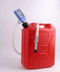 Auto Stop Sensor Fuel Transfer Pump With 51 Inch Hose And Tank Adapter attached to red fuel container