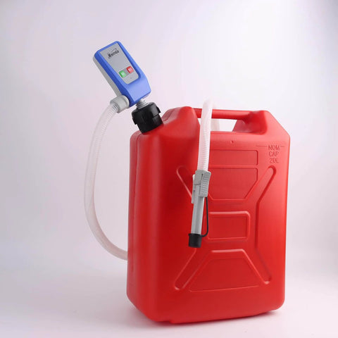 Auto Stop Sensor Fuel Transfer Pump With 51 Inch Hose And Tank Adapter attached to red fuel container
