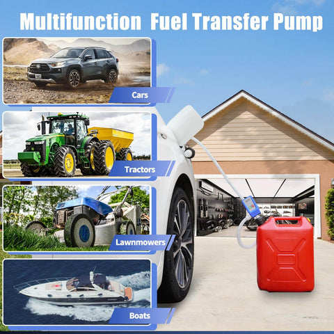 Auto Stop Sensor Fuel Transfer Pump With 51 Inch Hose And Tank Adapter Portable Liquid Pump For Gasoline Diesel Kerosene Nitigo in use with vehicles and boats.