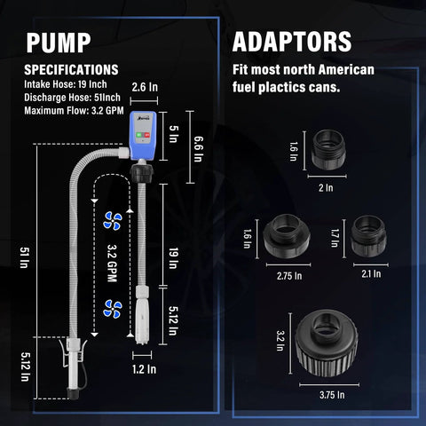 Auto Stop Sensor Fuel Transfer Pump With 51 Inch Hose And Tank Adapter details and specifications diagram.