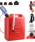 Auto Stop Sensor Fuel Transfer Pump With 51 Inch Hose And Tank Adapter displayed with accessories and red tank