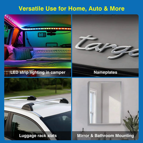 Heavy Duty Auto Foam Mounting Tape 0.4 In X 36 Ft With Adhesion Promoters used for LED strip lights, nameplates, luggage racks, mirrors.
