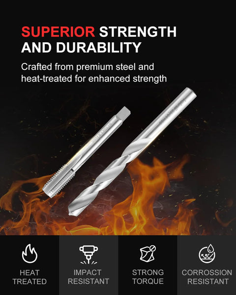 Thread repair drill and tap with flames, featuring Must Have Ultimate Auto Thread Repair Kit With 320 Piece Set For SAE And Metric Sizes.