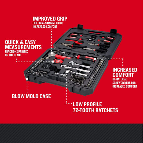 102-Piece Home And Auto Tool Kit With Low Profile 72-Tooth Ratchet And Five Degree Swing in durable blow mold case with tools.