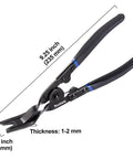 Universal Auto Trim Clip Removal Pliers For Car Doors And Interior Panels By Toolwiz Pro Grade Safe For Dash And Radio Installers No Scratch Fastener Tool For Upholstery Clips For Pros And DIYers shown in side view with 9.25 inch length and 1-2 mm thickness.