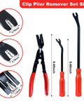 Must Have 7 Piece Auto Trim Removal Tool Set With Plastic Pry Tools And Pliers For Fastener Clip Removal From Door Panels Dashboards Body Trim And Upholstery Car Repair Kit showing clip pliers and two fastener removers with dimensions