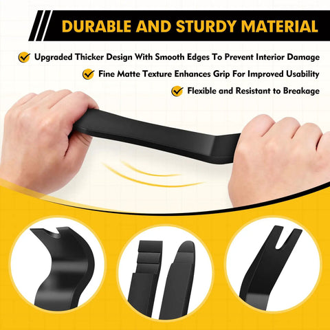 Hands holding Pro Grade 5 Piece Auto Trim Removal Tool Kit For Car Door Panels And Dashboards, Plastic Pry Tools No Scratch