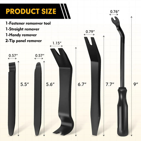 Pro Grade 5 Piece Auto Trim Removal Tool Kit For Car Door Panels And Dashboards, Plastic Pry Tools No Scratch With Clip Fastener Remover, displayed with measurements.