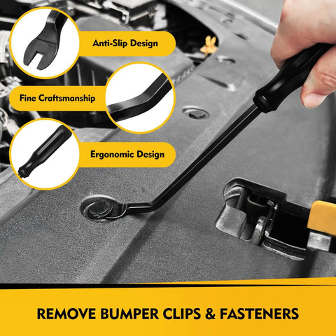 Pro Grade 5 Piece Auto Trim Removal Tool Kit For Car Door Panels And Dashboards, Plastic Pry Tools No Scratch With Clip Fastener Remover, Scratch Resistant Automotive Trim Set By ZAUAO being used to remove bumper clips.